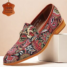 Men's Premium Cowhide Leather Paisley Pattern Loafers - Stylish Slip-On Dress Shoes for Formal and Casual Occasions