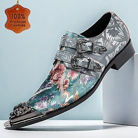 Men's Floral Embroidered Buckle Monk Strap Dress Shoes with Metal Toe Cap - Premium Cowhide Leather, Ideal for Formal Events