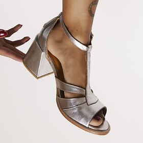 Women's Sandals Chunky Heel Glossy Peep Toe T-Strap Buckle Dress Shoes Party Work Summer Fashion Walking Silver