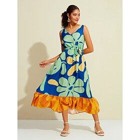 Dames Midi-jurk Halflange jurk blauw Mouwloos Bloemenprint Met riem Lente zomer V-hals Patroon jurk S M L