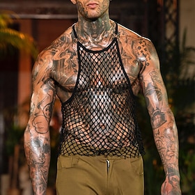 Men's Tank Top Vest Top Undershirt Sleeveless Shirt Sleeveless Crew Neck Summer Plain Fashion Designer Basic Mesh Vacation Street Going out Black Top Tee for M