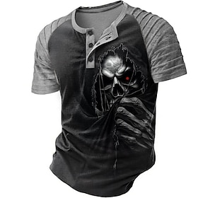 Halloween Men's Dark T Shirt Short Sleeve 3D Print Retro Vintage Gothic Party Street Summer Spring Black Gray Henley Collar Henley T-Shirt
