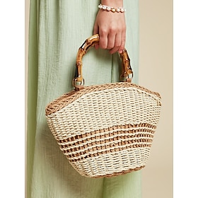 Chic Summer Straw Basket Bag with Bamboo Handle - Versatile Shoulder Strap Woven Purse for Women