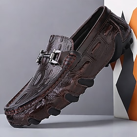 Men's Crocodile Pattern Leather Loafers - Luxury Slip-On Dress Shoes with Metal Buckle for Formal and Casual Wear