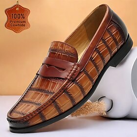 Men's Premium Cowhide Leather Crocodile Pattern Penny Loafers - Classic Slip-On Dress Shoes