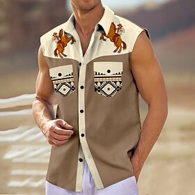 Men's Horse Southwestern Print Shirt Western Shirt Cowboy Shirt Sleeveless Western Style Tribal Outdoor Work Causal Summer Spring Shirt Collar Black Khaki