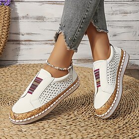 Women's White Slip-On Casual Shoes  Breathable Faux Leather Sneakers with Cork Trim and Elastic Band for Walking, Travel, and Daily Wear