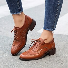 Women's Brown Faux Leather Brogue Oxford Shoes - Lace-Up Vintage Style Flats with Wingtip Detailing for Casual or Formal Wear
