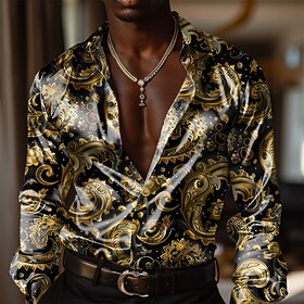 Men's Baroque Dress Shirt Button Up Shirt Long Sleeve Fashion Casual Daily Evening Party Summer Spring Fall Turndown Collared Shirts Buttons Print Yellow