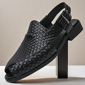 Men's Black Woven Leather Sandals - Stylish Open-Toe Slingback Shoes with Buckle Strap