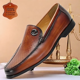 Men's Brown Leather Loafers  Elegant Slip-On Dress Shoes with Metal Detail
