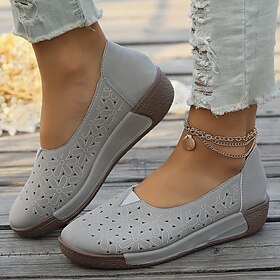 Zapatos planos casuales perforados con diseño de flores grises para mujer, cómodos zapatos sin cordones con soporte para el arco para caminatas y salidas todo