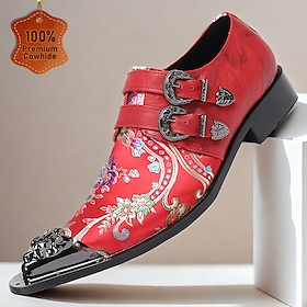 Men's Premium Cowhide Leather Punk Style Monk Strap Shoes - Red Floral Embroidered Double Buckle Slip-On with Metal Toe Cap