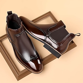 Men's Patent Faux Leather Chelsea Boots – Classic Wingtip Brogue Design for Formal and Casual Occasions