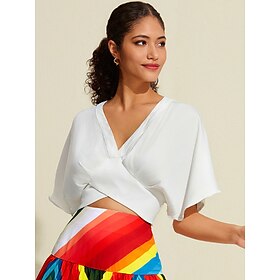 satijnen effen crop top met ruches en v-hals