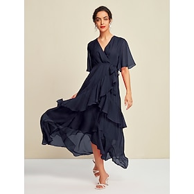 Damen Maxikleid Chiffon einfarbig ungleiche Rüschenärmel Hochzeitsgast elegant Frühling Sommer Herbst: retailer-supplied image