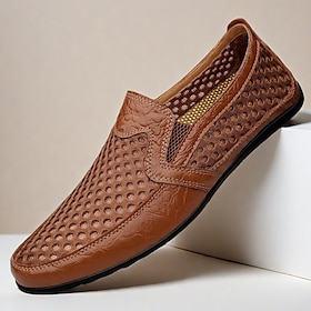 Men's Breathable Mesh and Leather Loafers - Casual Slip-On Driving Shoes for Summer