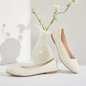 Women's Elegant Lace PU Leather Ballet Flats - Comfortable White Dress Shoes with Soft Anti-Slip Sole, Perfect for Weddings, Parties, and Everyday Wear