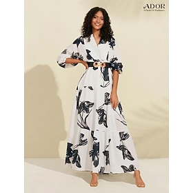 Damen Schwingkleid Druckkleid Maxikleid Schwarz-Weiß Blumen / Pflanzen Jeansstoff Mit Gürtel Sommer V Ausschnitt…: retailer-supplied image