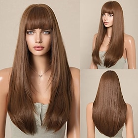 Synthetic Wig Straight Neat Bang With Bangs Wig 26 inch sepia Synthetic Hair Women's Ombre Hair Comfy With Bangs Brown
