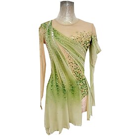 Figure Skating Dress Women's Ice Skating Skirt Dress GreenYellow Thumbhole Open Back Spandex High Elasticity Professional Competition Skating Wear Thermal Warm