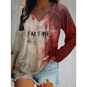 Halloween Women's T Shirt Bloodstain V Neck Long Sleeve Graphic Casual Color Block Letter Abstract Regular Tops Daily Print Red Spring Fall Winter