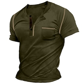 Men's Short Sleeve Henley Shirt, Chest Pocket, Contrast Detail, Casual Summer-to-Fall Top