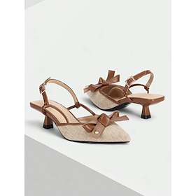 Women's Slingback Pointed Toe Heels  Brown Leather and Beige Canvas Kitten Heel Shoes with Bow Detail, Perfect for Office, Parties, and Casual Wear