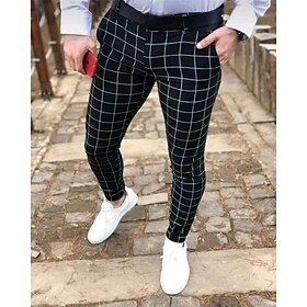 Men's Dress Pants Trousers Chinos Buttons Pocket Plaid Comfort Formal Party Work Fashion Classic Style Black Navy Blue Micro-elastic