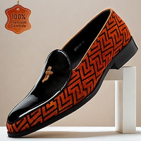 Men's Designer Patterned Loafers - Stylish Flat Dress Shoes with Unique Orange and Black Design for Formal and Casual Outings