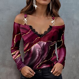 Women's Shirt Blouse Fashion Abstract Print Cold Shoulder Long Sleeve Regular Tops V Neck Casual Red Blue Green Spring   Fall
