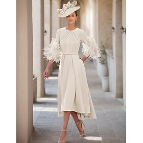 A-Line Mother of the Bride Dress Wedding Guest Elegant Jewel Neck Asymmetrical Stretch Fabric Half Sleeve with Feather