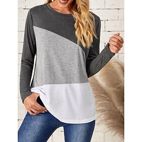 Women's T Shirt Casual Print Long Sleeve Regular Tops Crew Neck Daily Gray / White Spring Fall
