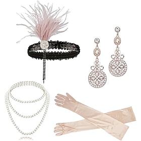 Vintage 1920s The Great Gatsby Flapper Headband Accesories Set Charleston Wedding Guest Feather Fashion Fancy Dress Women's Masquerade Wedding Reception Bachel