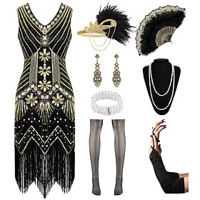 Retro Vintage Roaring 20s 1920s Flapper Dress Outfits Accesories Set Head Jewelry Pearl Necklace The Great Gatsby Flapper Girl Wedding Guest Sequins Tassel Fri