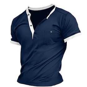 Men's Henley Shirt Tee Top Color Block Henley Outdoor Casual Short Sleeve Button Pocket Clothing Apparel Fashion Designer Comfortable