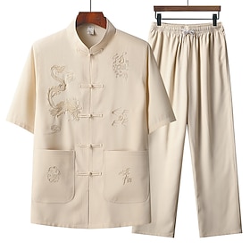 Men's T-shirt Suits Shirt and Pant Sets 2 Pieces Outfits Short Sleeve Standing Collar Summer Dragon Fashion Chinese Style Casual Embroidered 2 Piece Vacation D
