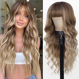 Ombre Blonde Wig with Bangs Long Blonde Wavy Wigs for Women Synthetic Curly Wavy Wigs with Dark Root Middle Part Heat Resistant Wig for Daily Party Wear Hallow