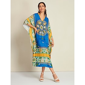 Dames Satijnen Jurk Kaftan Jurk Halflange jurk blauw Raglansleev Bandana-afdruk Elastische taille Zomer V-hals Vakantie Etnische stijl XS S M