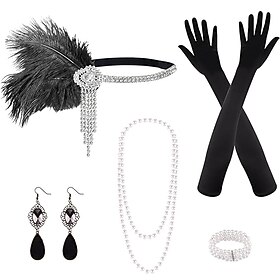 Vintage 1920s The Great Gatsby Flapper Headband Accesories Set Charleston Wedding Guest Feather Fashion Fancy Dress Women's Masquerade Wedding Reception Bachel