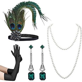 Vintage 1920s The Great Gatsby Flapper Headband Accesories Set Charleston Wedding Guest Feather Fashion Fancy Dress Women's Masquerade Wedding Reception Bachel