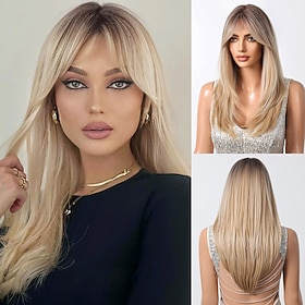 Ombre Blonde Wig for Women Long Straight Layered Wig with Bangs Synthetic Hair with Highlight Halloween Wigs