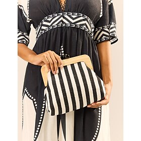 Women's Striped Canvas Crossbody Bag  Retro Wooden Frame Small Shoulder Purse with Adjustable Strap  Black and Beige, Ideal for Casual Outings and Travel