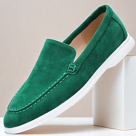 Men's Green Suede Casual Loafers with Lightweight Non-Slip White Sole, Comfortable Slip-On Design, and Breathable Material