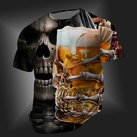 Halloween Men's Skull Oktoberfest Beer T Shirt Short Sleeve T shirt 3D Print Crew Neck Shirt Vintage Cool Party Holiday Oktoberfest Yellow Orange Summer Spring
