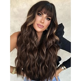 Brown Wig with Bangs for Women Long Wavy Hair Wig Brown Highlight Wig Curly Wavy Synthetic Wigs for Girls Daily Party Use Halloween Wigs
