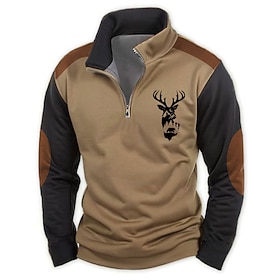 Men's Hunting Deer Sweatshirts Quarter Zip Sweatshirt Long Sleeve Sweatshirt Half Zip Vintage Retro Western Cowboy 3D Printing Hunting Half Zip Winter Spring