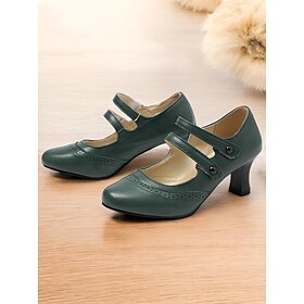 Women's Vintage Brown Mary Jane Heels with Brogue Detailing, Comfortable Mid Heel Shoes for Retro-Inspired Outfits