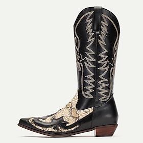 Men's Black Western Cowboy Boots with Snakeskin-Print Vamp, Contrast Embroidery, Snip Toe  Cuban Heel for Rodeo, Country Concerts, Ranch Wear  Western Casual S