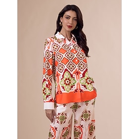 Femmes Chemise Bohème Chemise Satiné Vacances Décontracté Quotidien Orange Impression manche longue Bohème…: retailer-supplied image